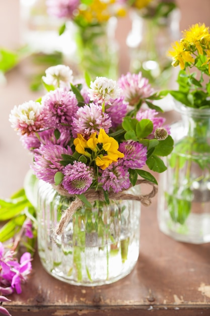 Coloridas flores y hierbas medicinales en frascos