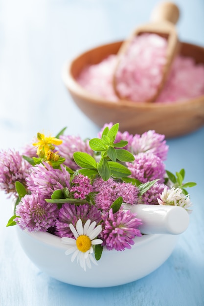 Coloridas flores y hierbas medicinales en mortero y sal rosa