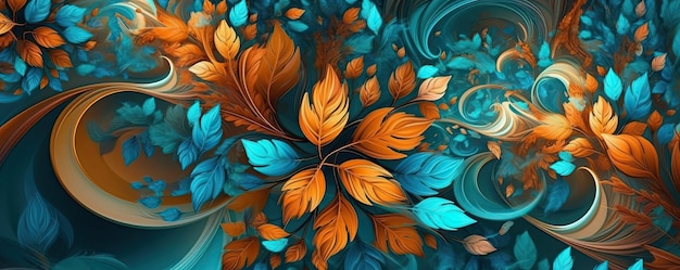 Coloridas flores y hojas naranjas y azules Borde horizontal floral repetitivo IA generativa