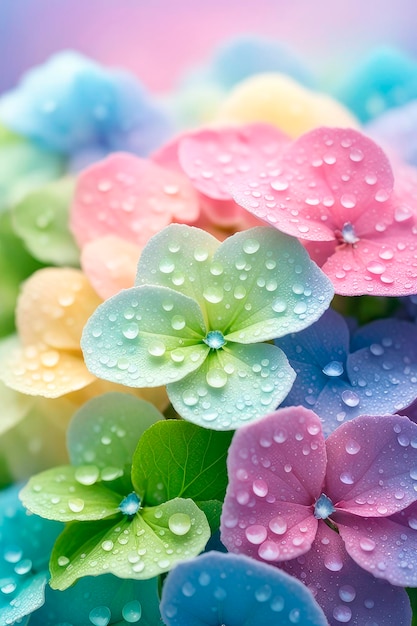 Coloridas flores de hortensias sobre un fondo natural con gotas de agua