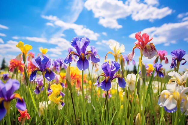 Las coloridas flores del iris florecen