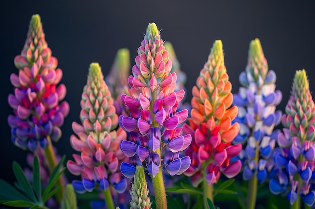 Las coloridas flores de lupino florecen en tonos intensos con un fondo oscuro en un entorno botánico