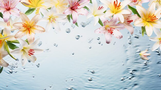 Coloridas flores preciosas sobre el agua con salpicaduras