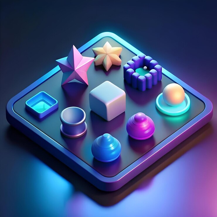 Foto coloridas formas geométricas 3d dispuestas en una superficie azul oscuro con iluminación vibrante