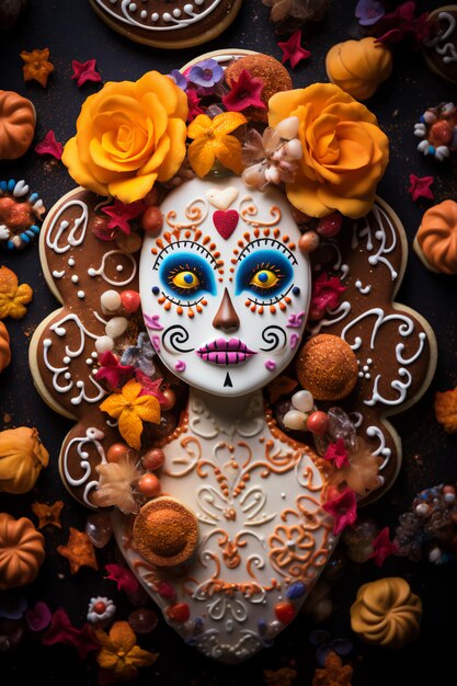 Las coloridas galletas de azúcar de Dia de Muertos Artístico comestible