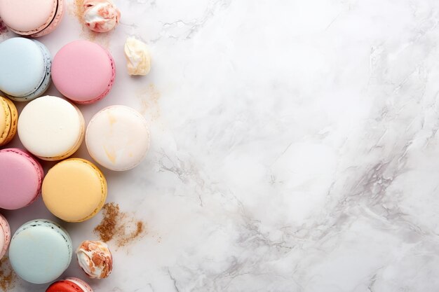 Las coloridas galletas de macarrón francesas en un espacio de copia de mesa de mármol