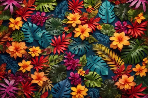 Coloridas hojas y flores tropicales Fondo de flores tropicales Fondo de hojas exóticas Fondo de pantalla de flores tropicales AI generativo