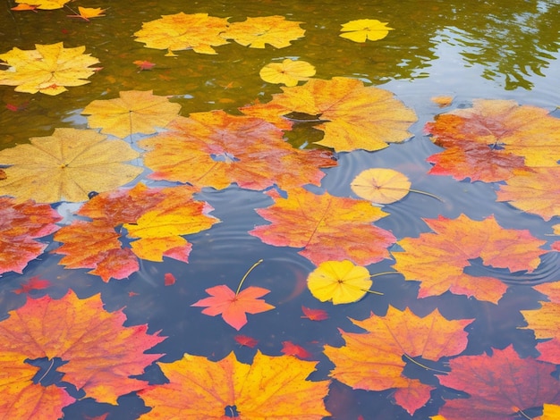 Coloridas hojas de otoño en el agua del lago del estanque hojas de otoño flotantes Hojas de otoño en un charco de lluvia Soleado