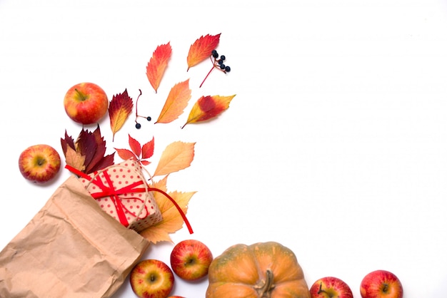 coloridas hojas de otoño y caja de regalo en blanco