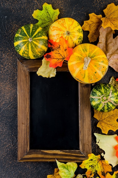 Coloridas hojas de otoño y calabazas pequeñas con marco vacío