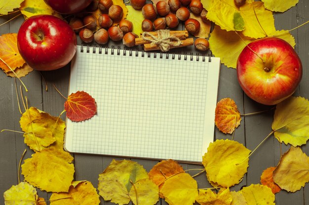 Coloridas hojas de otoño y cuaderno en blanco