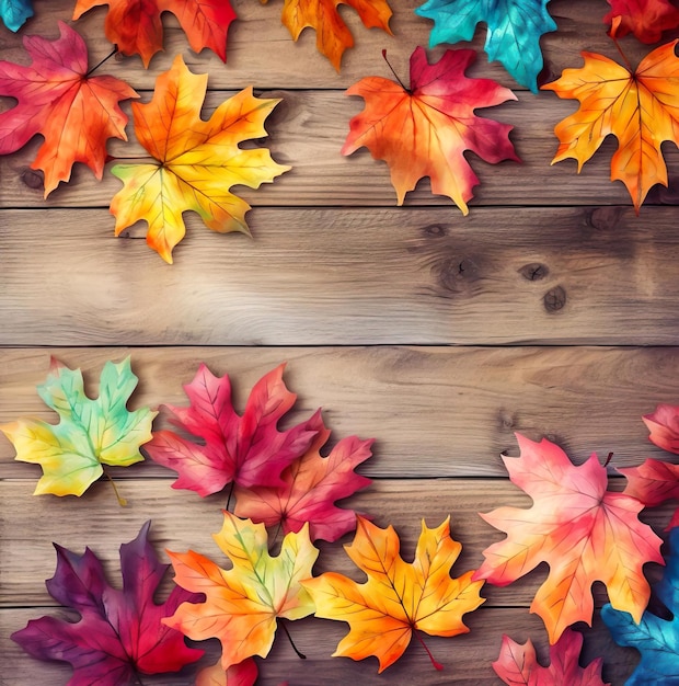 Las coloridas hojas de otoño en el suelo de madera