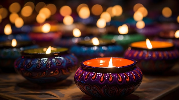 Coloridas lámparas Diya de arcilla encendidas durante la celebración de Diwali