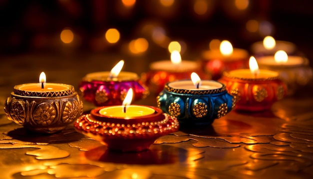 Coloridas lámparas diya encendidas durante la celebración de Diwali