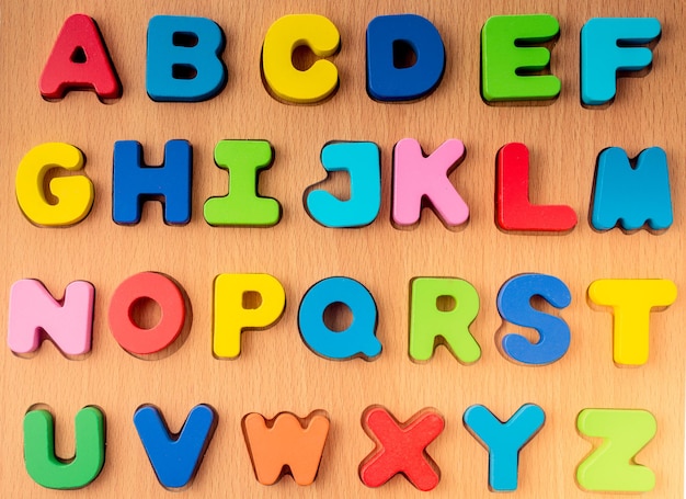 Coloridas letras del alfabeto hechas de madera.