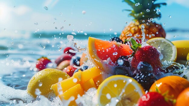 Foto las coloridas manchas de frutas en el fondo de la playa