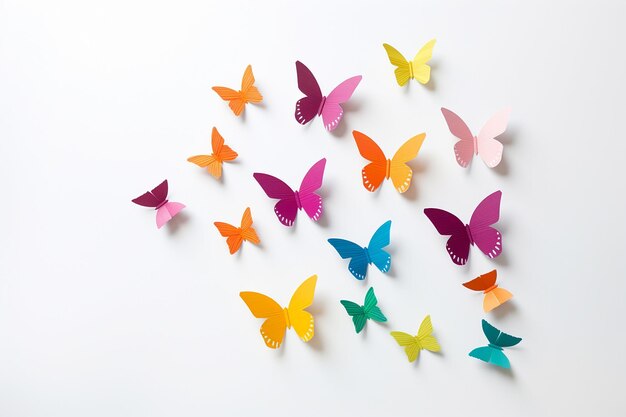 Las coloridas mariposas de papel dispuestas en vuelo sobre un fondo blanco