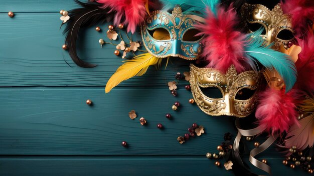 Coloridas máscaras venecianas con plumas sobre un fondo de madera oscura