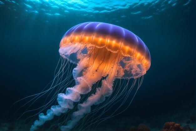 Las coloridas medusas brillantes nadan en las profundidades del mar