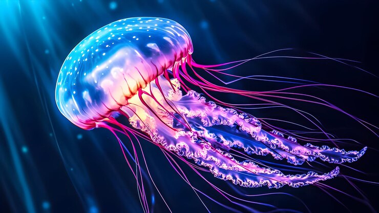 Las coloridas medusas se deslizan con gracia a través de las oscuras aguas del océano con tentáculos iluminados