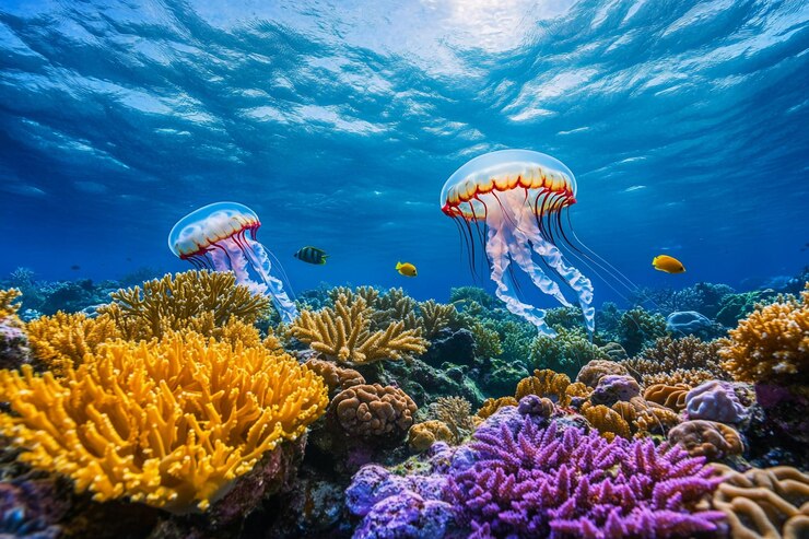 Las coloridas medusas flotan con gracia sobre un diverso arrecife de coral lleno de vida marina
