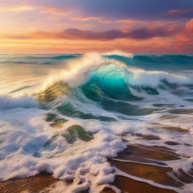 Coloridas olas del océano Agua del mar en forma de cresta Luz del atardecer y hermosas nubes en el fondo