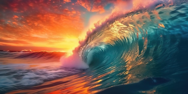 Las coloridas olas del océano La forma de las olas del agua del mar La luz del atardecer y las hermosas nubes en el fondo de la playa