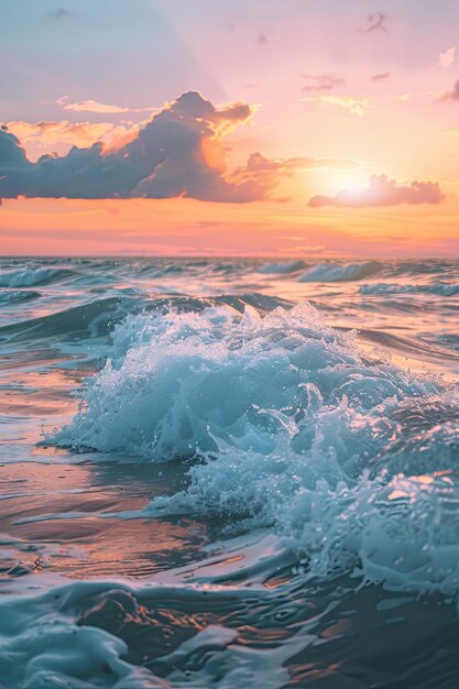 Coloridas ondas do oceano Água do mar em forma de crista Luz do pôr-do-sol e belas nuvens no fundo