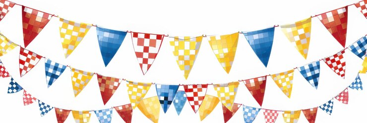 Las coloridas pancartas y banderas del Oktoberfest en azul, naranja y blanco crean una atmósfera festiva y de celebración