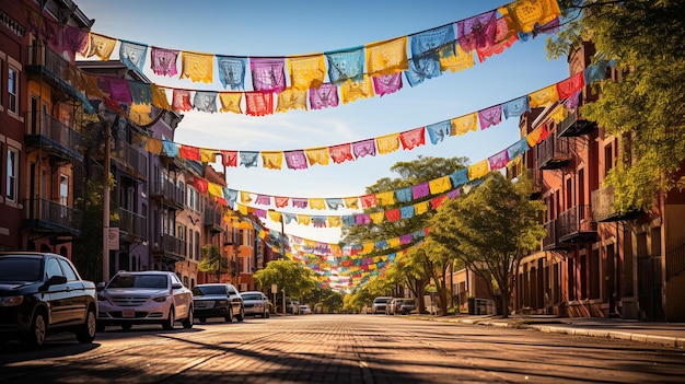 Las coloridas pancartas de papel picado enlazadas en el papel tapiz