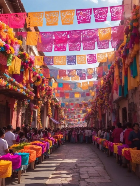 Coloridas pancartas de papel picado en un paisaje urbano