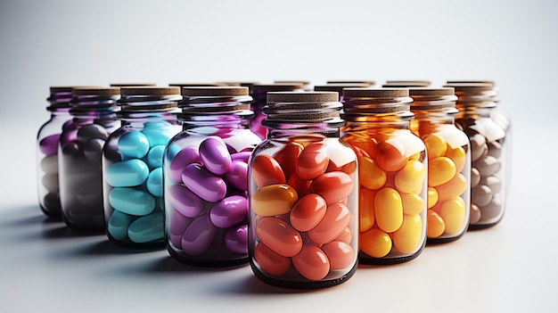 Coloridas pastillas farmacéuticas variadas pastillas cápsulas y frasco sobre un fondo blanco limpio
