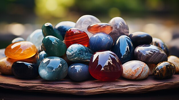 coloridas piedras de cristal en cristal sobre fondo negro