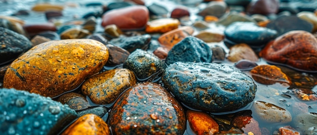 Coloridas piedras y rocas húmedas de primer plano Una vibrante colección de piedras y piedras húmedas en varios colores y patrones que brillan con humedad