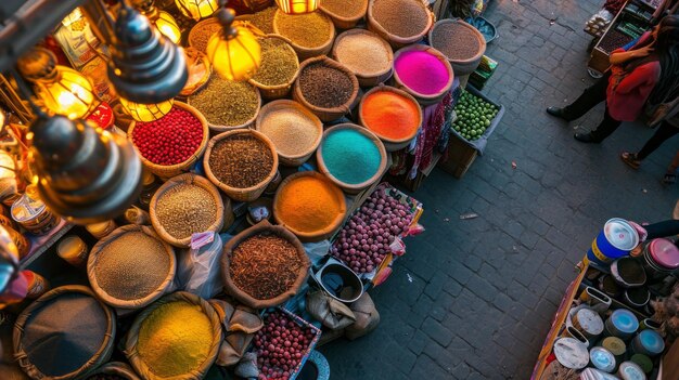 Coloridas pilas de especias en un mercado oriental de especias