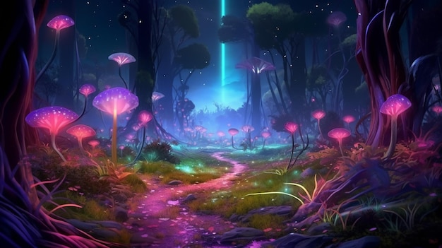 Coloridas plantas de bioluminiscencia en cristales de bosque y luciérnagas de camino brillante Planeta Pandora en la noche brillo azul y rosa