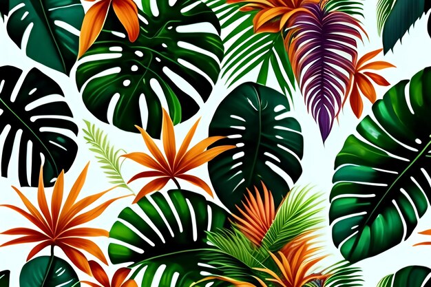 Foto las coloridas plantas y palmeras de las islas tropicales son el fondo. las hojas brillantes de la selva tropical son el papel tapiz intrincado.