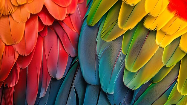 Foto las coloridas plumas de loro de cerca colores rojos, amarillos, verdes y azules hermosos plumajes de aves exóticas textura suave y suave