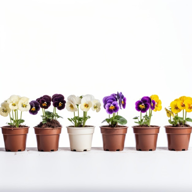 Las coloridas sartenes de cerámica plantadas en una fila Foto de stock de alta calidad