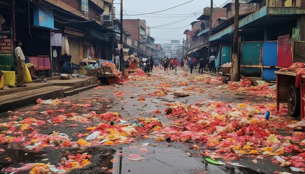 Foto las coloridas secuelas en las calles después de la celebración de holi