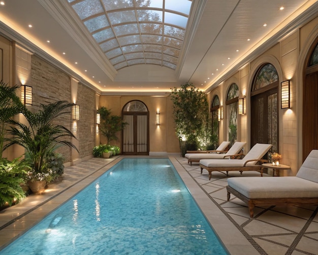 Coloridas sillas de relajación de spa junto a la piscina interior Una colección de vibrantes sillas de relax de spa pos