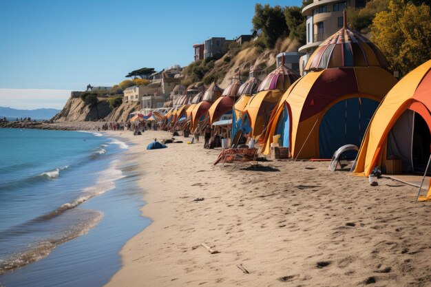 Las coloridas tiendas de campaña junto al mar ofrecen IA generadora de sombras