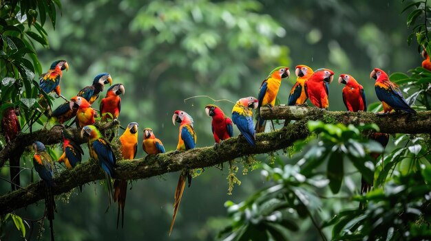 Las coloridas y vibrantes aves tropicales se posan con gracia en una rama de árbol exuberante en la selva tropical