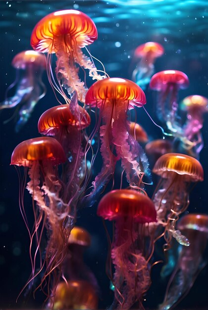 Coloridas y vívidas medusas bajo el mar