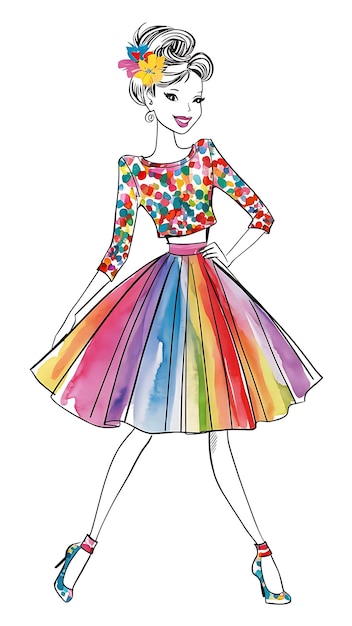 Colorido acuarela moda chica línea de arte