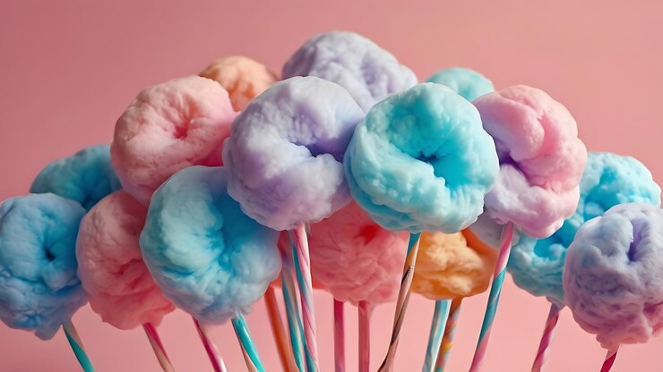 Foto un colorido algodón de caramelo exhibido en azul naranja y rosa una dulce y esponjosa colección de golosinas de azúcar