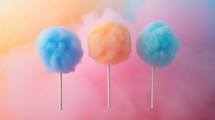 Foto un colorido algodón de caramelo en un fondo de color pastel suave