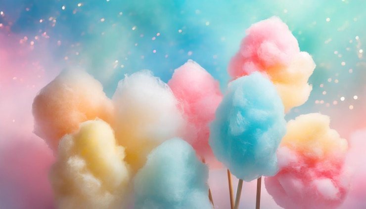 Foto un colorido algodón de caramelo en un fondo de color pastel suave