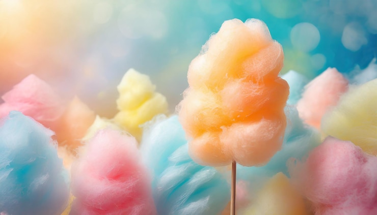 Foto un colorido algodón de caramelo en un fondo de color pastel suave