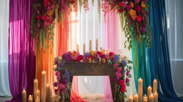 Un colorido altar con una mesa cubierta de flores.